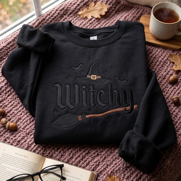 Embroidered Witchy Halloween Sweatshirt, Bat and Broomstick Witch Costume