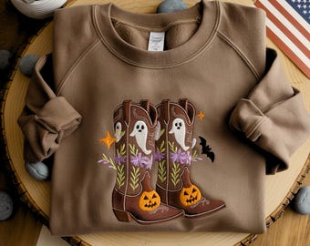 Embroidered Halloween Cowgirl Boots Sweatshirt: Western Graphic Tee
