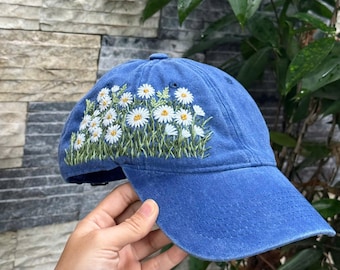 Hand-Embroidered Daisy Cotton Cap: Cottagecore Botanical Hat