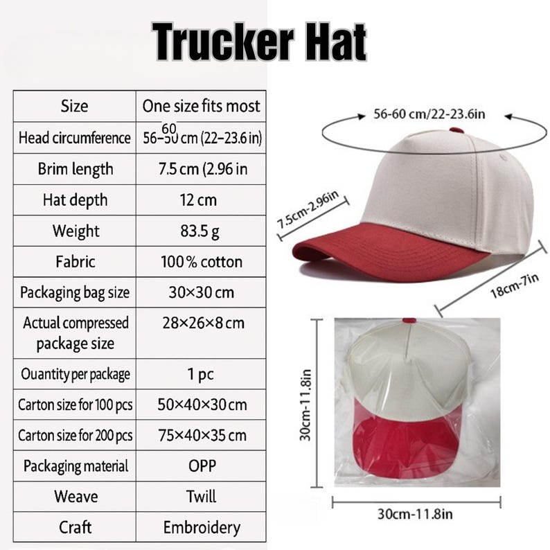 Op de afbeelding: Truckerpet met een witte kroon en een rode klep. De hoofdomtrek van de pet is 56-60 cm. De kleplengte is 7,5 cm en de diepte van de pet is 12 cm. De pet is gemaakt van 100% katoen en heeft borduursels.