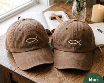 Embroidered Fish Hat, Fishes Silhouette Wash Dad Cap, Fishing Enthusiast Gift, Outdoor Hat