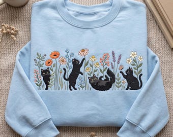 Embroidered Floral Black Cat Sweatshirt, Kitten Hoodie, Cottagecore Cats Mom Shirt, Flower Kitten Tee