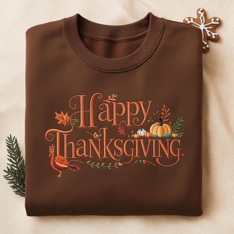 May include: A brown crewneck sweatshirt with the embroidered text "Happy Thanksgiving." The design includes fall leaves, pumpkins, and a turkey. A gingerbread cookie is in the upper right corner.