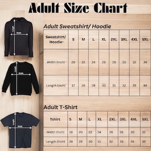 Puede incluir: Una tabla de tallas para adultos para sudaderas, sudaderas con capucha y camisetas. La tabla incluye medidas de ancho y largo en pulgadas, que van desde la talla S hasta la 5XL. El texto "Adult Size Chart" est&aacute; en la parte superior.