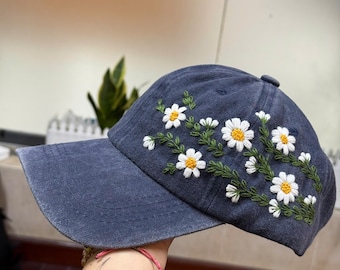 Hand-Embroidered Daisy Cotton Cap: Cottagecore Botanical Hat