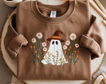 Embroidered Halloween Ghost Sweatshirt: Spooky Floral Tee