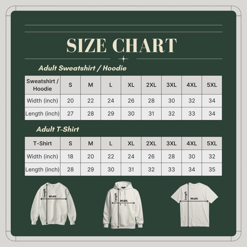 May include: A dark green size chart for adult sweatshirts, hoodies, and t-shirts. The chart displays width and length measurements in inches for sizes S through 5XL. Below the tables, illustrations show a sweatshirt, hoodie, and t-shirt with arrows indicating where to measure width and length.