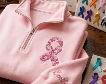 Sudadera con cremallera de un cuarto bordada y personalizada para concienciar sobre el cáncer de mama: Regalo con lazo personalizado