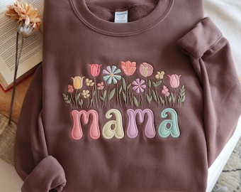 Sudadera bordada para mamá, camiseta con nombre floral personalizado