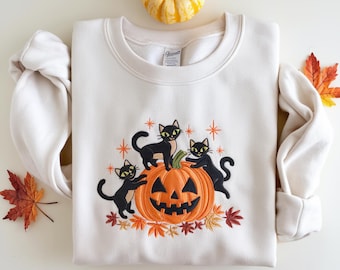 Embroidered Black Cat Sweatshirt: Halloween Pumpkin Fall Crewneck