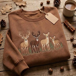 Puede incluir: Una sudadera marrón de cuello redondo con un diseño bordado de cuatro ciervos de pie entre pequeños pinos verdes. La sudadera incluye una etiqueta de papel rectangular de color marrón claro en blanco sujeta al cuello con un hilo fino.