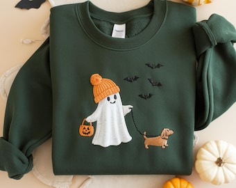 刺繍入りゴーストドッグスウェットシャツ：ハロウィンクルーネック、秋の犬好きママへのギフト