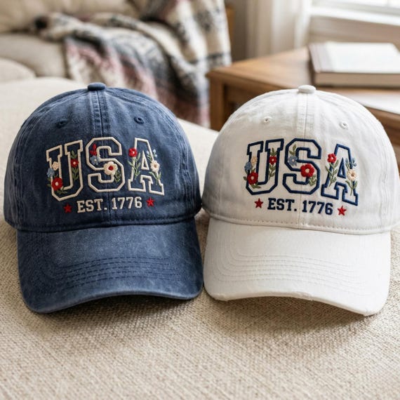 Embroidered USA Est 1976 Washed Cotton Cap, Floral American Pride Hat