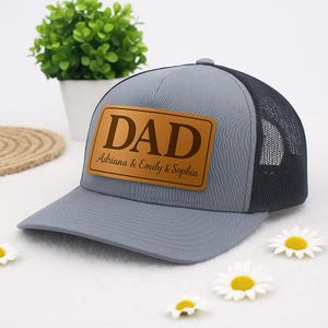 Custom Kids Name Dad Hat, Personalized Dad Gift, Dad and Kids Trucker Hat, Custom Leather Patch Baseball Cap, Trendy Trucker Snapback Hat