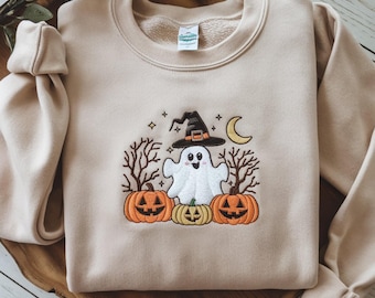 Embroidered Ghost & Pumpkin Sweatshirt: Spooky Fall Season