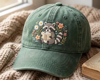 Embroidered Raccoon Reading Hat, Book Lover Cap, Animal Caps, Book Club Hats