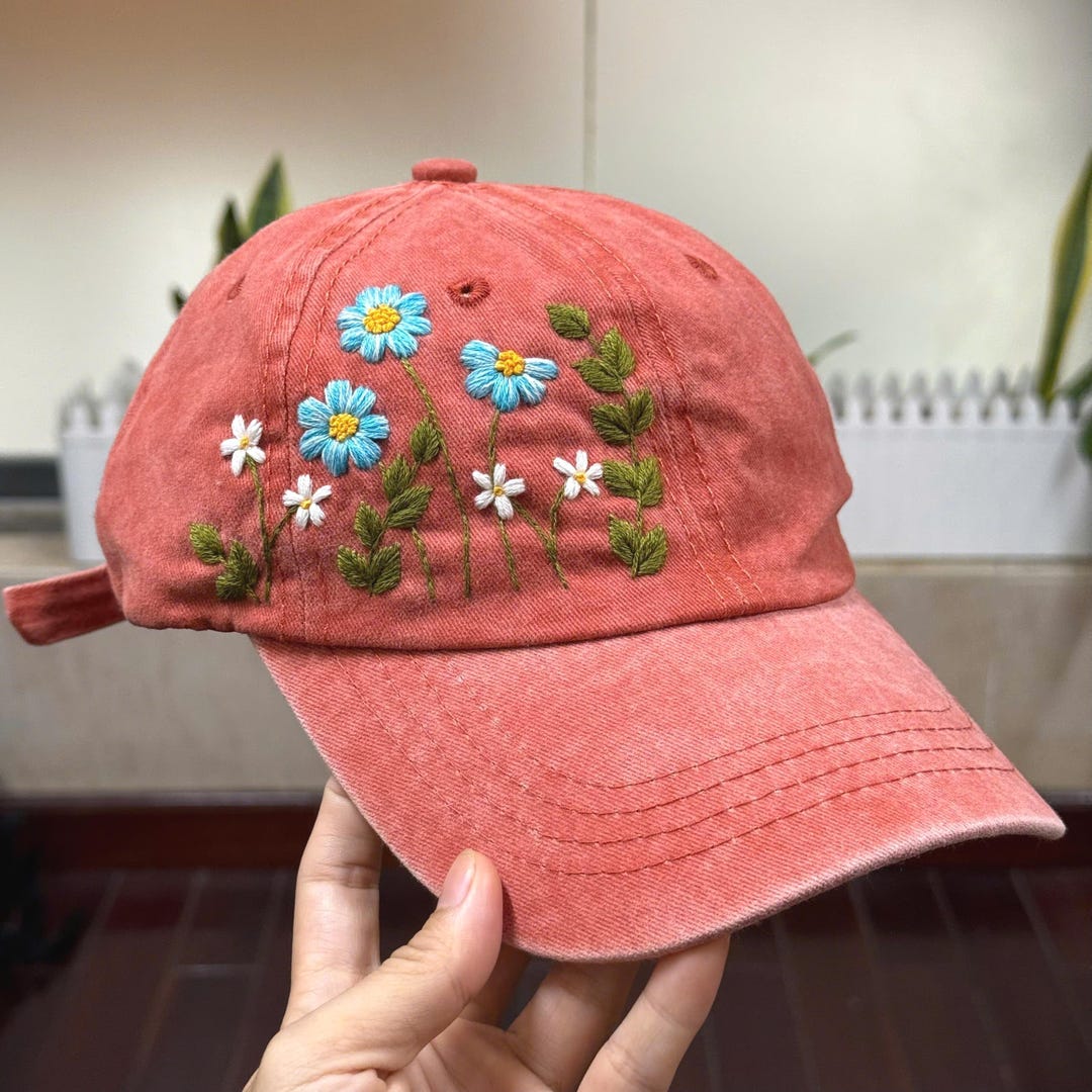 Hand Embroidery Daisy Hat, Wildflowers Embroidered Hat, Botanical Hat ...
