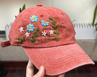 Hand-Embroidered Daisy Cotton Cap: Cottagecore Botanical Hat