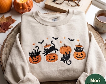 Embroidered Black Cat on Pumpkin Sweatshirt, Halloween Sweater, Spooky Season Tee, Cat Lover Gift