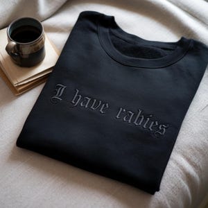 May include: Black sweatshirt with the embroidered phrase "I have rabies" in a gothic font. A ceramic mug and a stack of books are visible in the background. The sweatshirt is folded neatly on a light-colored surface.