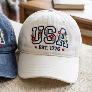 Embroidered USA Est 1976 Washed Cotton Cap, Floral American Pride Hat image 3