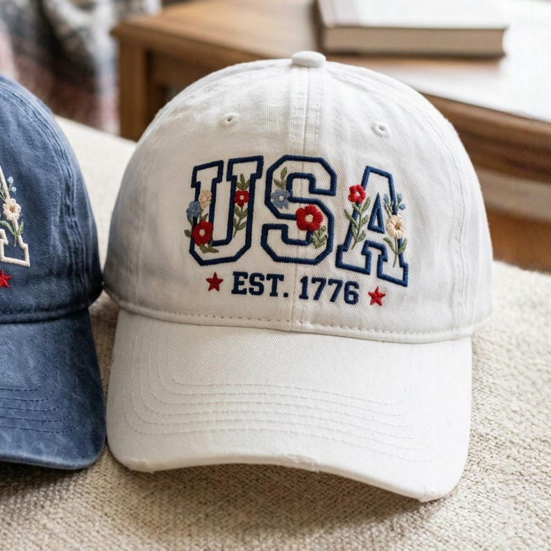 Embroidered USA Est 1976 Washed Cotton Cap, Floral American Pride Hat image 3