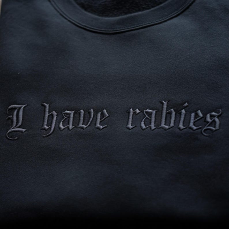 May include: Black sweatshirt with the embroidered phrase "I have rabies" in a gothic font. The text is in a lighter shade of black than the sweatshirt. The sweatshirt has a crew neck.