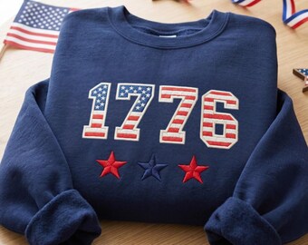 Embroidered America 1776 Sweatshirt, 250th Anniversary Tee, 4th Of July Independence Day Patriotic Shirt