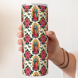 Envoltura para vaso de la Virgen de Guadalupe PNG, diseño de sublimación de envoltura delgada de 20 oz con patrón floral de Nuestra Señora de Guadalupe, descarga digital instantánea