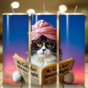 Cute Cat Tumbler Wrap PNG, Funny Cat 20 oz Skinny Tumbler Sublimation Design, Crazy Cat Lady Tumbler, Reading Cat Lover Digital Download PNG