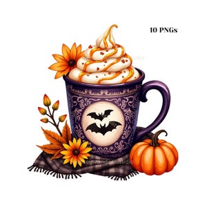 Halloween Coffee Clipart Set, Gothic Watercolor Hot Coffee Drink Clipart Bundle, Spooky Season PNG Bundle, Pumpkin Designs Instant Download