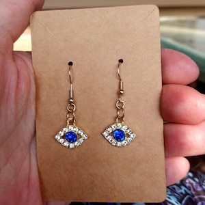 Blue eye earrings, evil eye, protection, Rhinestone dangle earrings, gifts for her