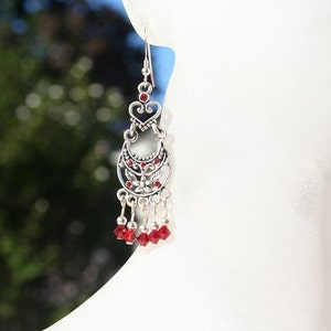 Sterling Silver, Red Siam Swarovski crystals, Heart Chandelier Earrings| Romantic| Valentines Day, Classy| Date night