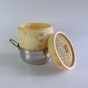 2 sizes | Handcrafted 2-Tier Bamboo Seiro Steam Basket Set with Stainless Steel Pot | Induction-compatible | φ7-8.2inches (18-21cm)
