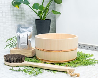 Set of Natural Wooden bath stool | Hinoki handy bucket | Hinoki soap dish| Hinoki essential soap | Hinoki Japanese cypress | Eco-friendly