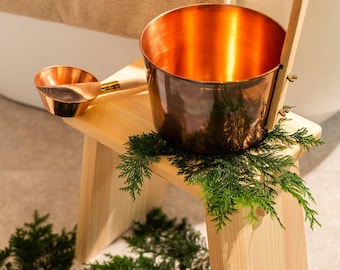 Cubo de sauna japonés de cobre - Mango de madera de haya - Altura (con mango): 11,8 pulgadas