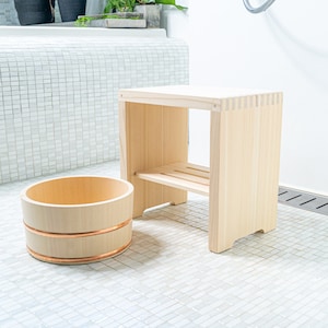 A set of wooden shower stool with handy bucket made of Japanese Hinoki Cypress fragrant | Stool H.11.8&quot;/30cm