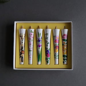 Hand-Painted Rice Bran Wax Candles (Set of 6) | Seasonal Floral Design | Length 12cm/4.7&quot;