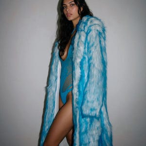 Unisex Light Up LED Faux Fur Coat In Blue/Turquoise Burning Man Festival Fashion