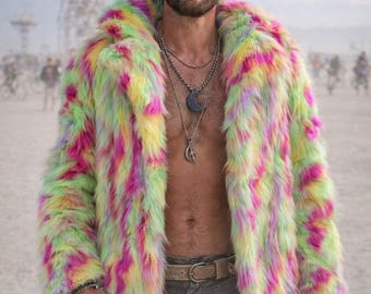 Neon Rainbow Faux Fur Coat: Fluffy Festival Jacket, Rave Outfit Statement Outerwear