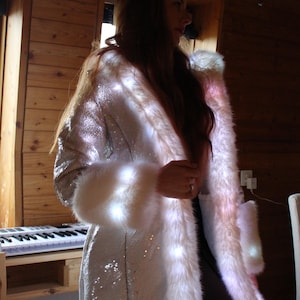 Light Up Sequin Faux Fur Coat – LED Burning Man & Festival Wear with Bluetooth Controller | Boho Playa Coat VENUS