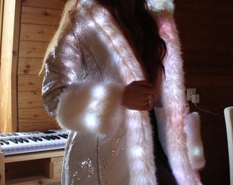 Light Up Sequin Faux Fur Festival Coat,  Bluetooth LED Burning Man Goddess Elegant Outfit