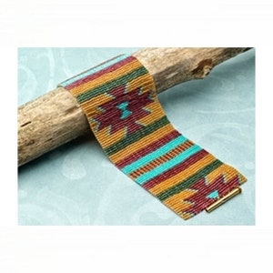 May include: A beaded bracelet with a colorful geometric pattern in shades of brown, red, turquoise, and green. The bracelet has a gold metal clasp.