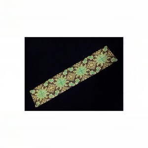 May include: A beaded bracelet with a geometric pattern in shades of brown, green, and gold.