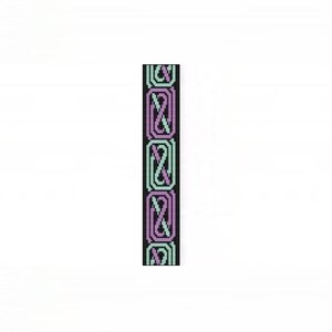 May include: A black beaded bracelet with a repeating pattern of green and purple knots.