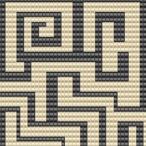 May include: Black and beige geometric pattern with a repeating design of interlocking squares and spirals.