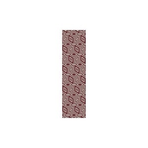 May include: A long, narrow rug with a geometric pattern of white squares on a burgundy background.