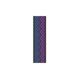 May include: A close-up of a woven fabric with a geometric pattern. The fabric is a dark green color with a blue and purple diamond pattern.