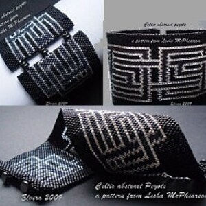 May include: Black and white beaded bracelet with a Celtic knot design. The bracelet is made with small, round beads and has a geometric pattern.