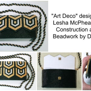 May include: A black beaded evening bag with a gold chain strap and a geometric pattern in black, white, and gold. The bag is open to show the white lining. "Art Deco" design by Lesha McPhearson Construction and Beadwork by Diana.